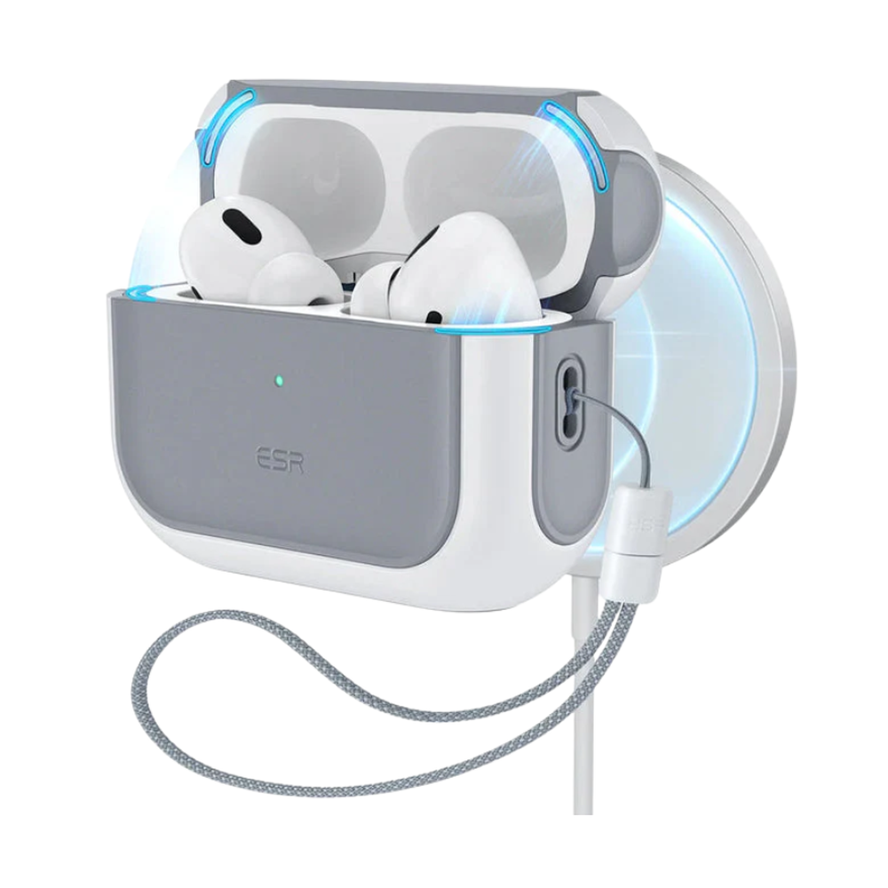 Gray and white two-tone ESR AirPods Pro 3 case on wireless charger