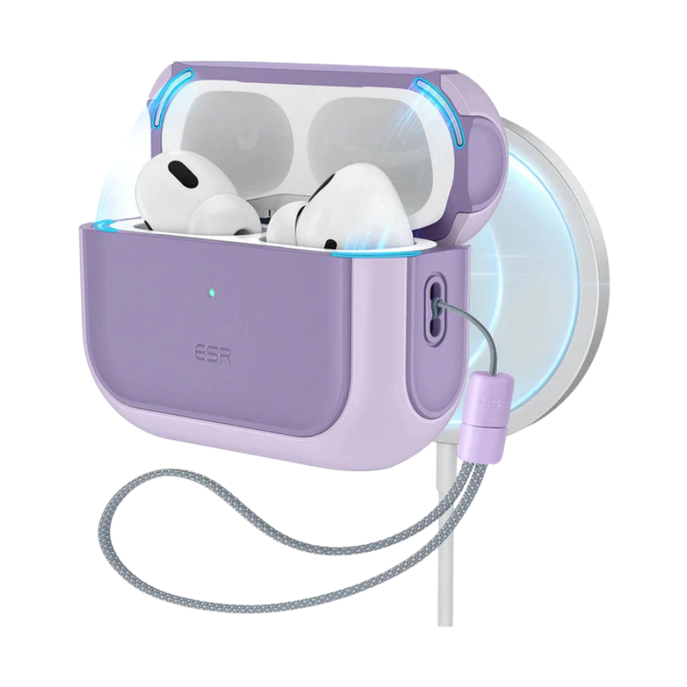 Lavender ESR AirPods Pro 3 magnetic case with gray strap on charging pad