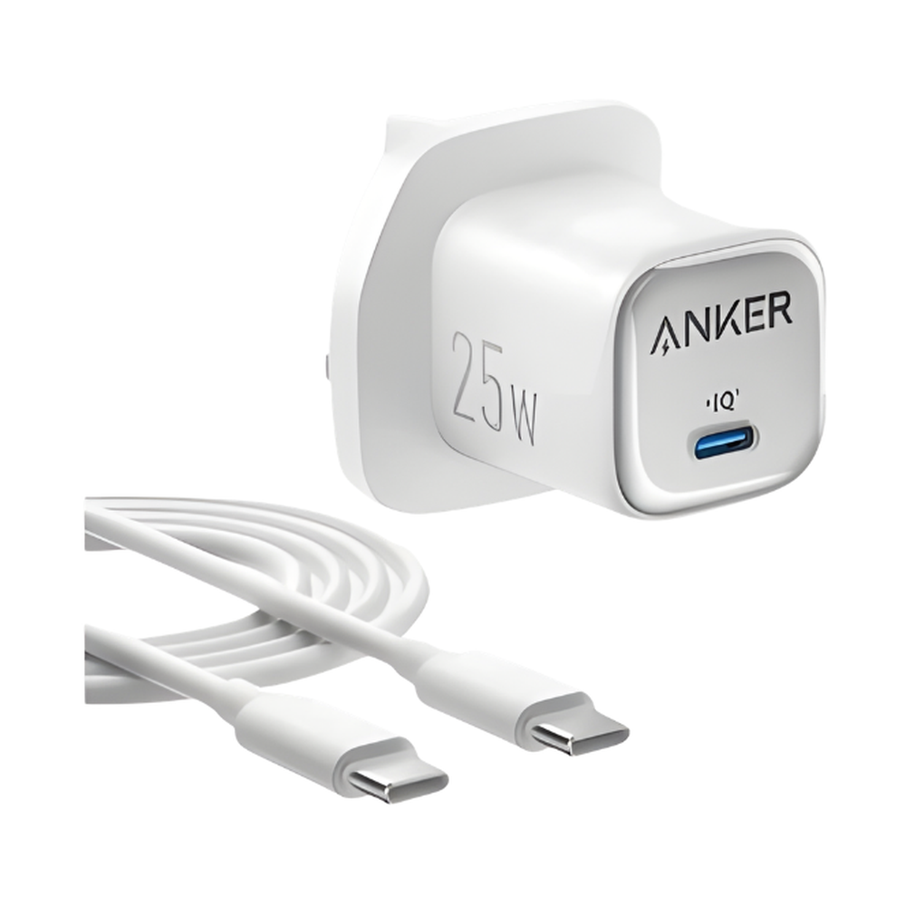 White Anker Nano Pro 25W UK plug charger with USB-C cable