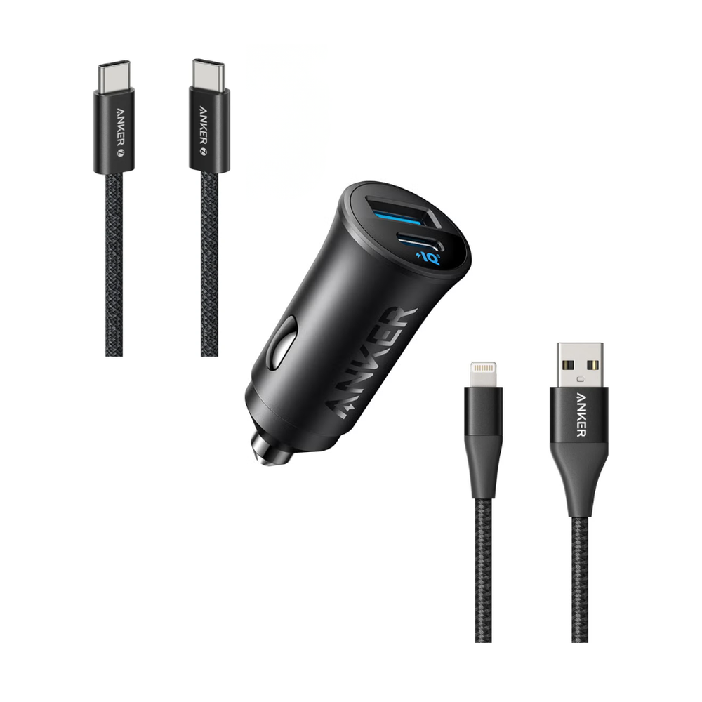 Anker 30W car charger bundle with braided USB-C and Lightning cables