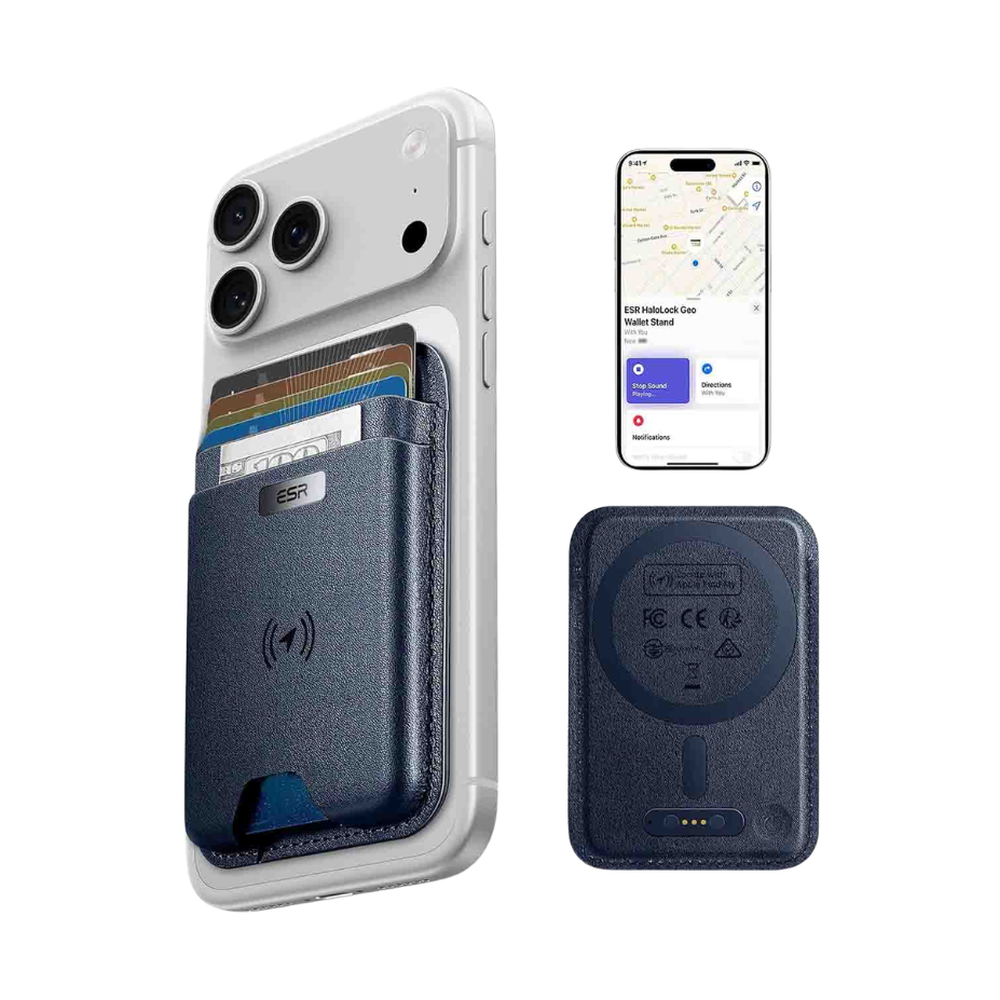 Dark blue textured ESR MagSafe wallet with magnetic stand and certification marks