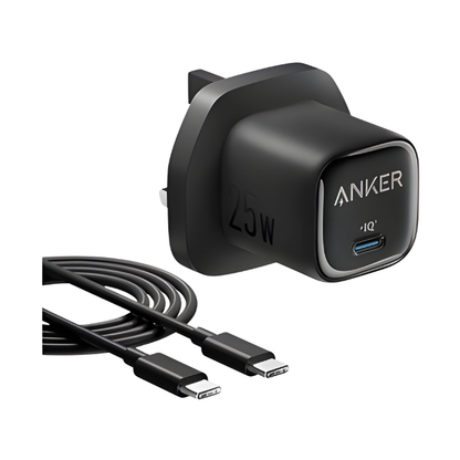 Black Anker 25W wall charger with dual USB-C cable