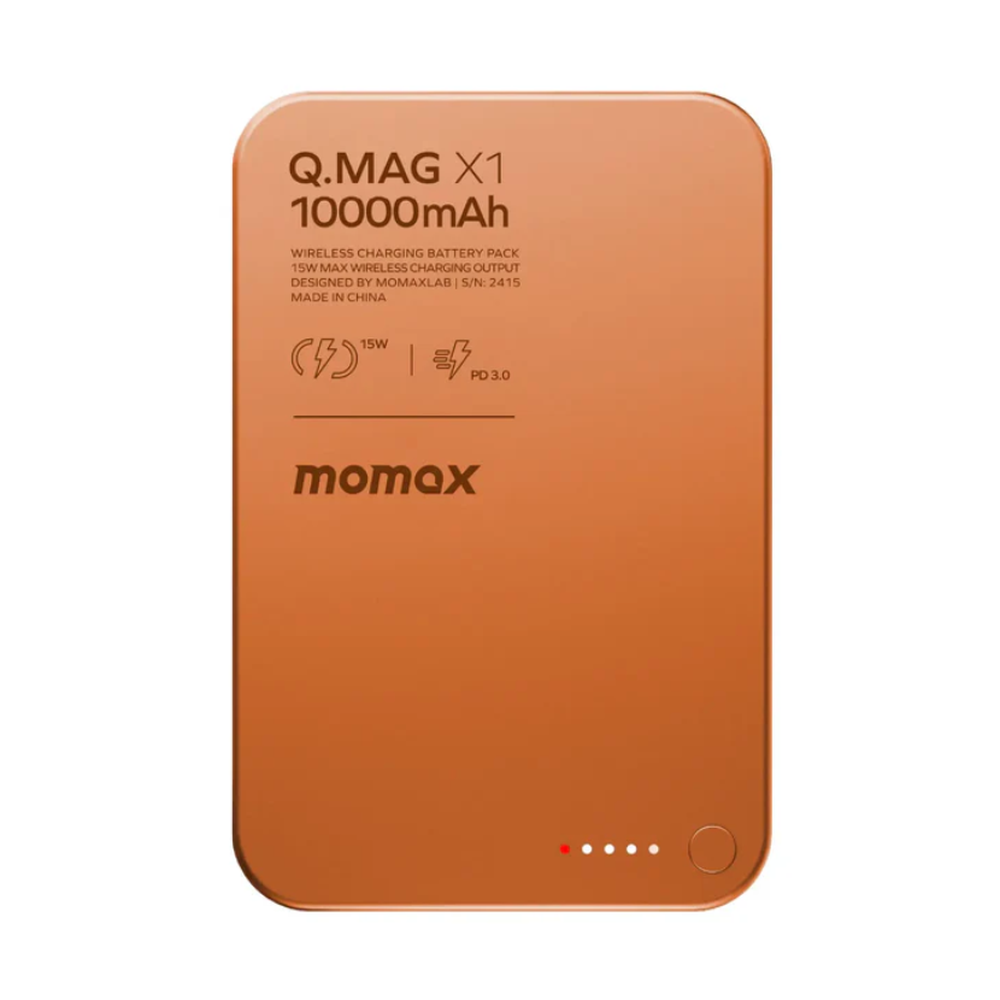 Momax Q.MAG X1 copper 10000mAh magnetic power bank front view with LED indicators