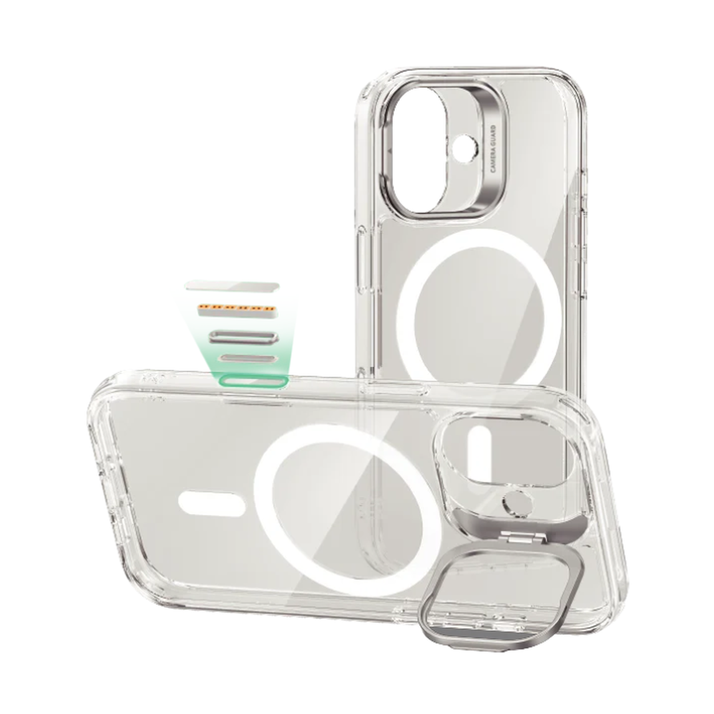 Clear ESR iPhone 17 case with black bumper and folded metal stand