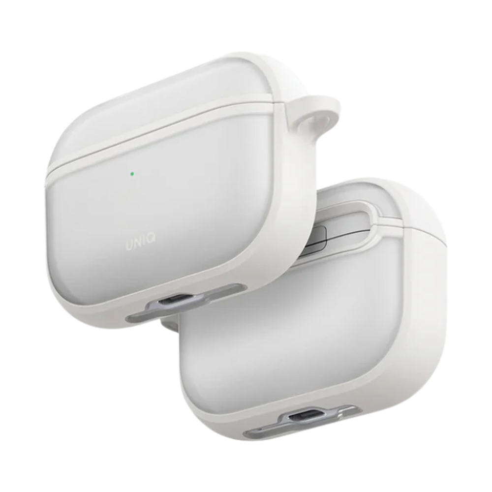 Two-tone white UNIQ AirPods Pro 3 cases showing lid LED and open port slot
