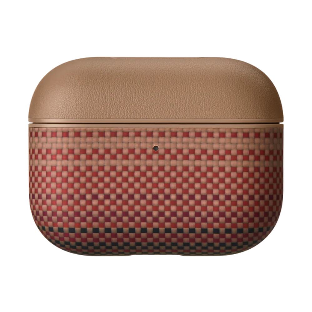 Closed tan Pitaka AirPods Pro 3 case with two-tone pebbled and woven design