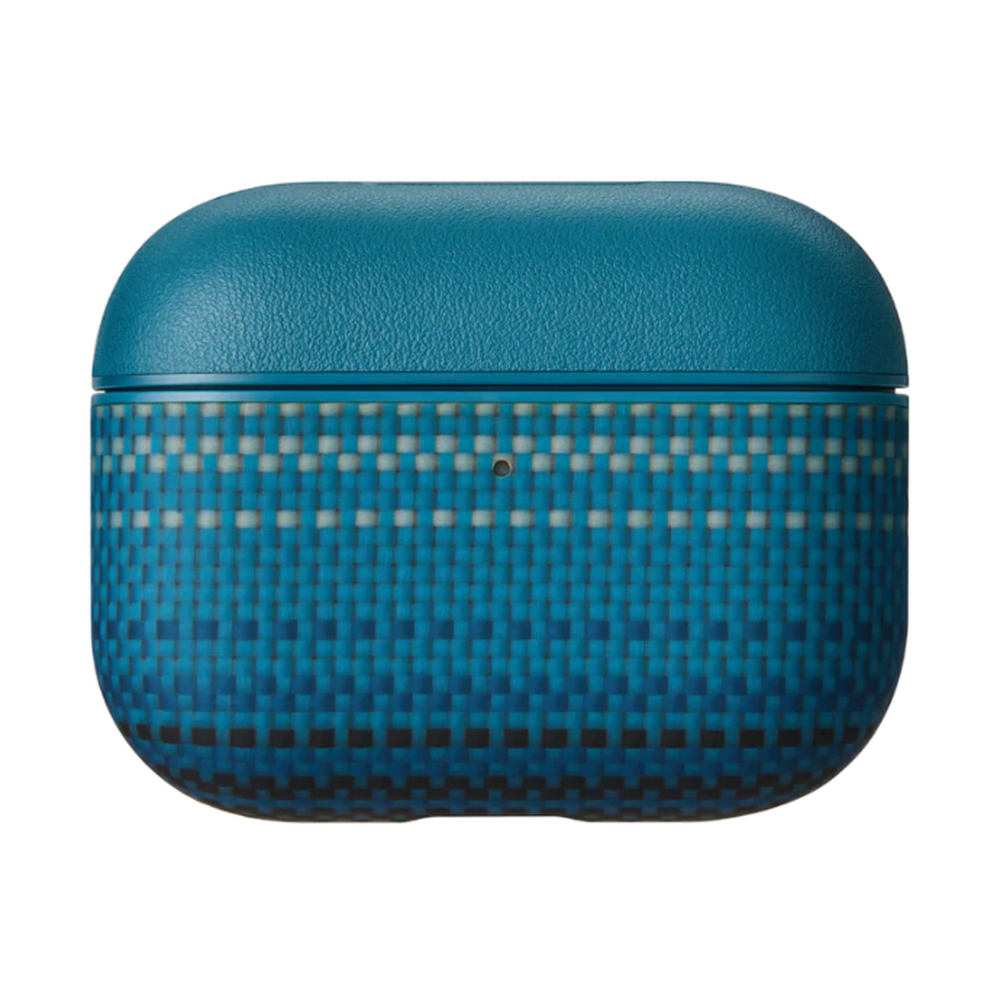 Teal Pitaka AirPods Pro 3 case with gradient checkered carbon fiber pattern