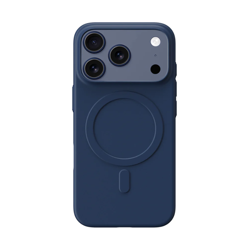 Back view of navy case featuring triangular triple lens camera housing