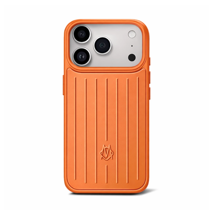 Orange Rimowa iPhone 17 Pro case with military-grade drop protection design