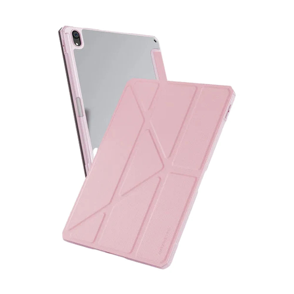 Pink geometric tablet case with magnetic closure and integrated stand for viewing