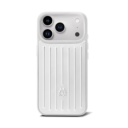 White Rimowa iPhone 17 Pro case with vertical ridges and raised camera bezel