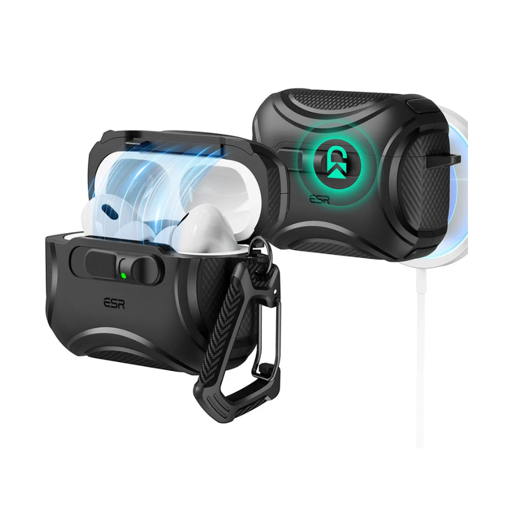 Black ESR AirPods Pro 3 case with MagSafe charging and carabiner clip