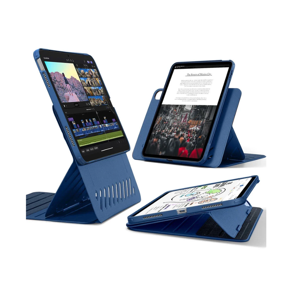 Blue ESR iPad Air Shift magnetic case showing port cutouts and ventilation slits