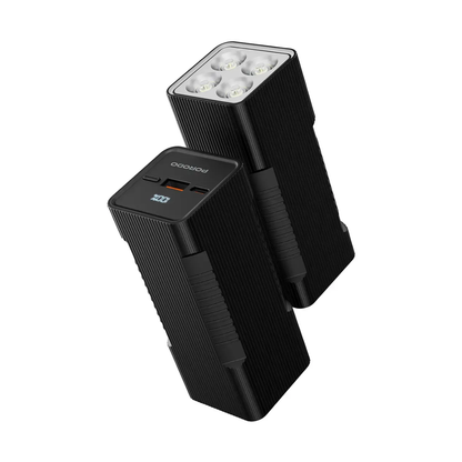 Ribbed black Porodo power bank with dual ports and square LED light