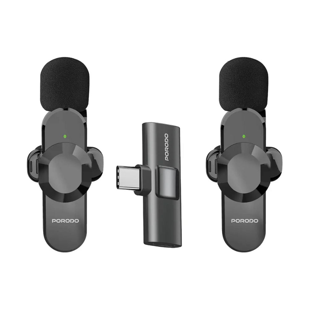 Porodo dual lavalier microphones with Type-C adapter and foam windshields