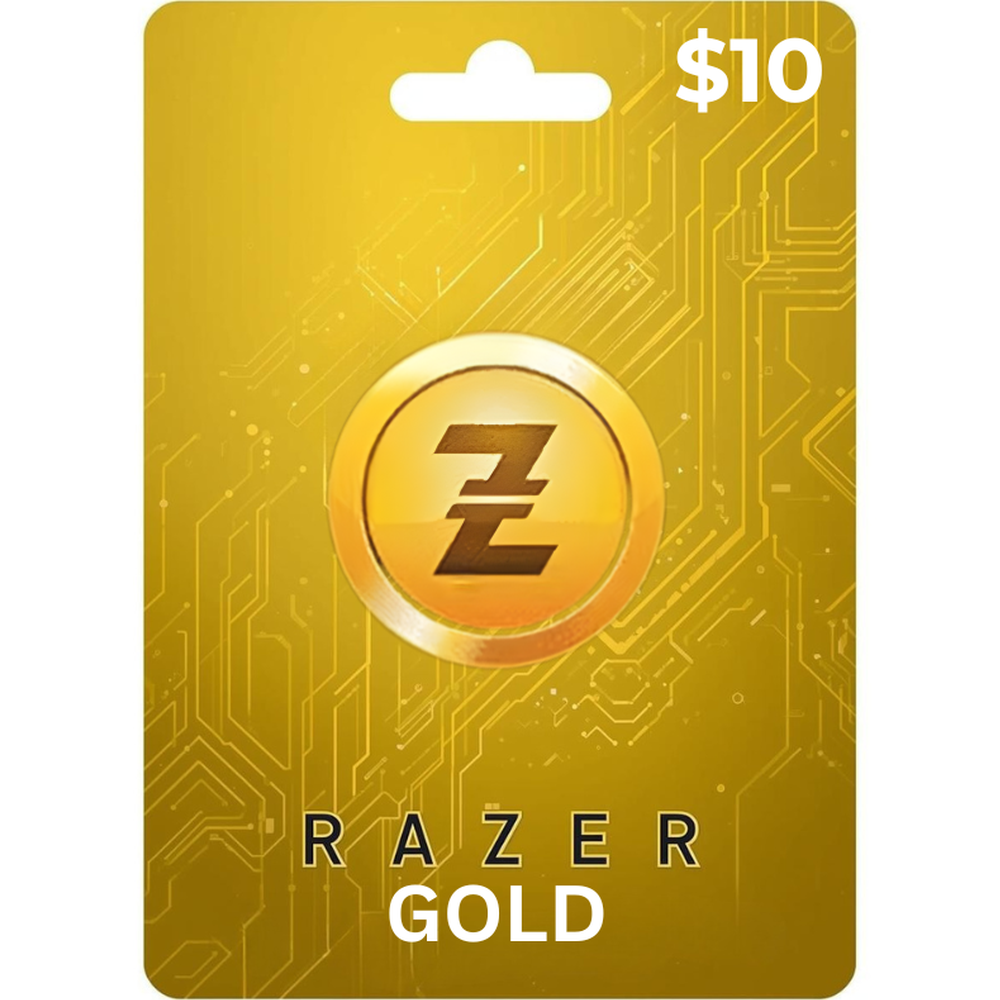 $10 Razer Gold digital gift card with gold circuit design for gaming top-ups