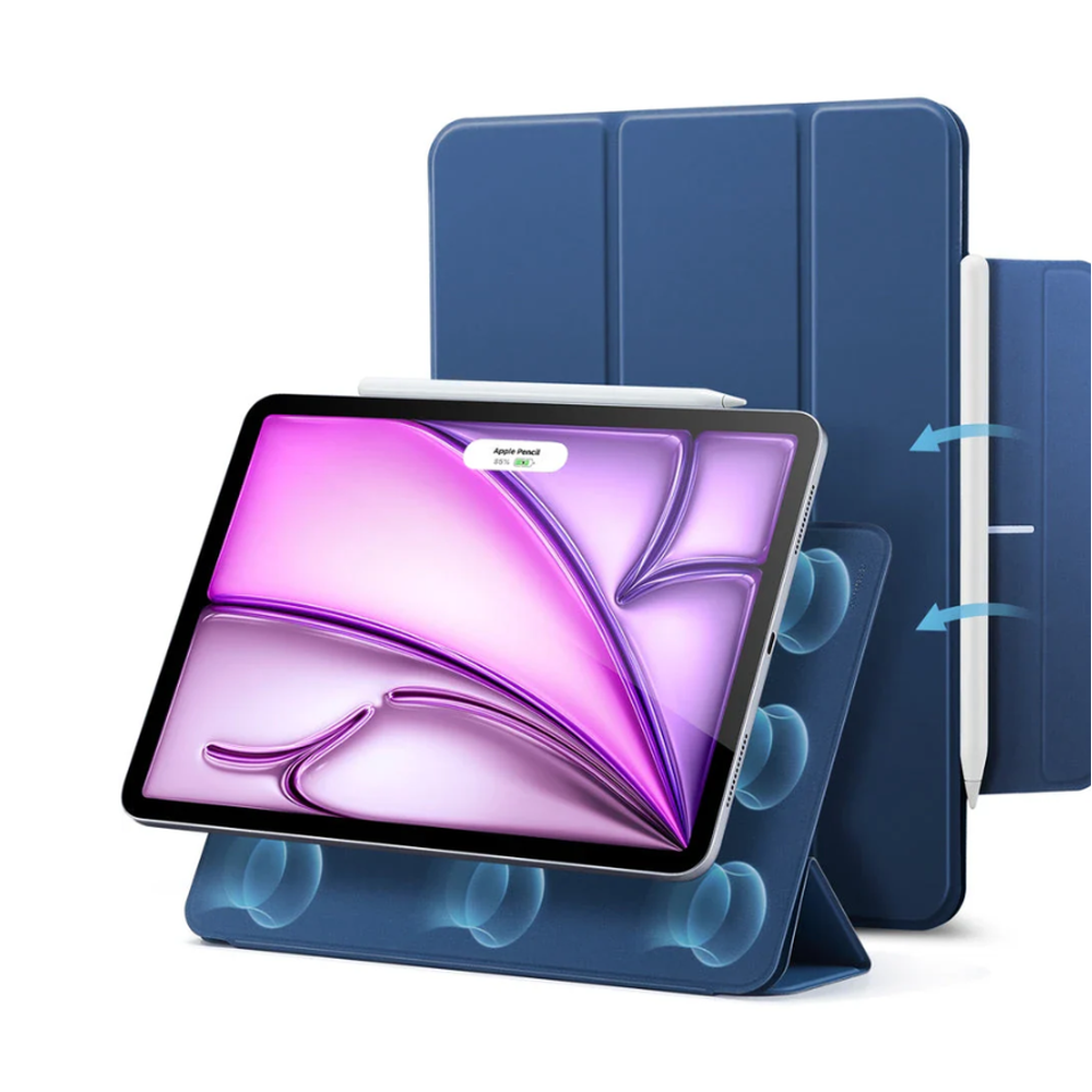 Navy blue ESR iPad Air 13 case showing Apple Pencil USB-C magnetic attachment