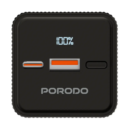 Black Porodo power bank showing blue battery indicator and USB-C port