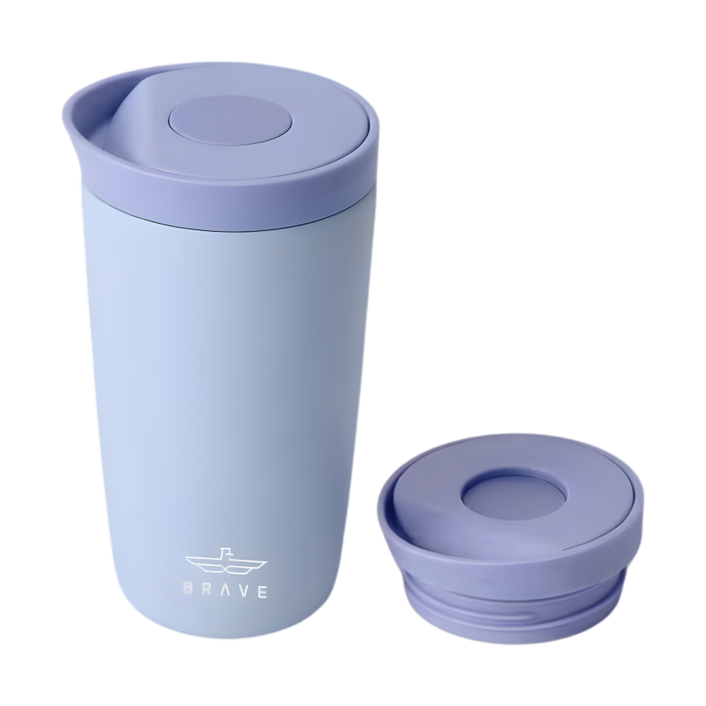 Brave light lavender matte travel mug with matching flip-top lid