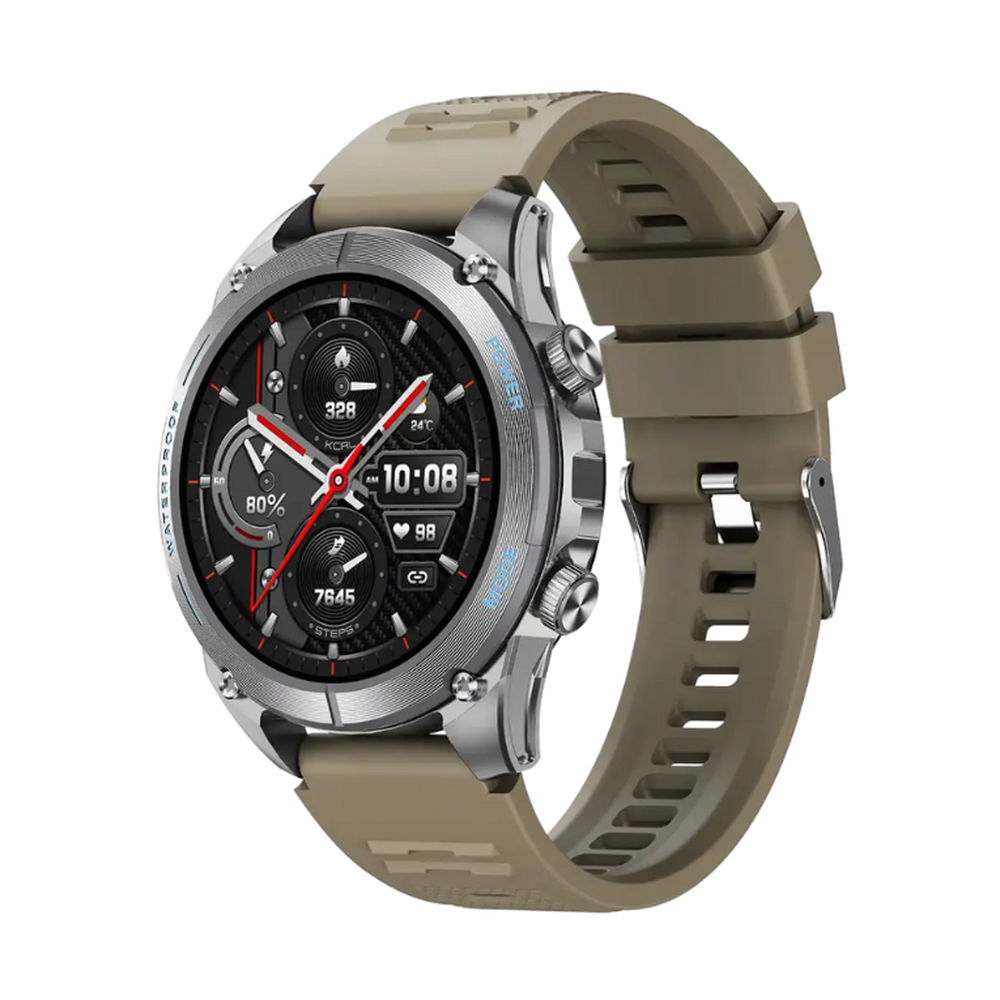 Silver Powerology Titan watch with carbon fiber face and tan silicone strap