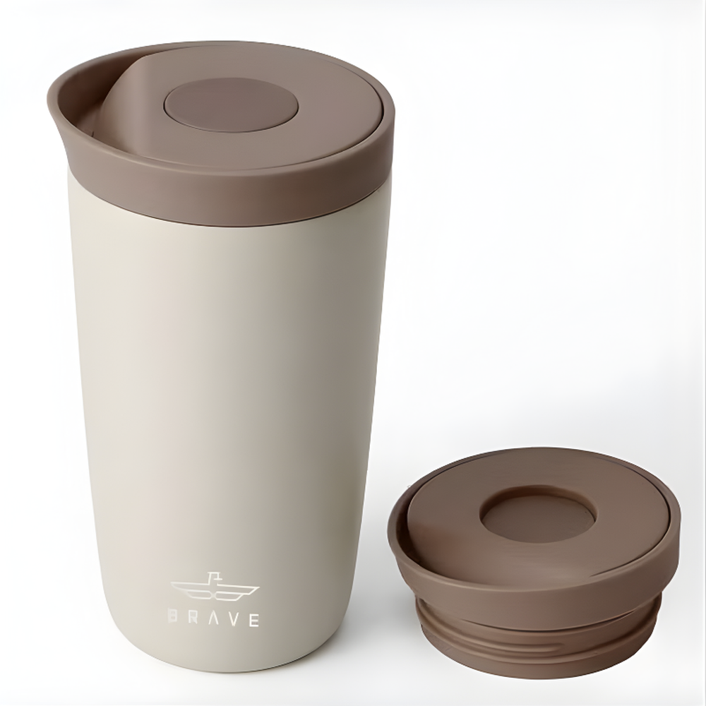 Brave beige travel mug with taupe lid and white ship logo