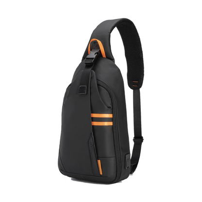 Black crossbody bag with padded mesh strap and vertical zippered pocket