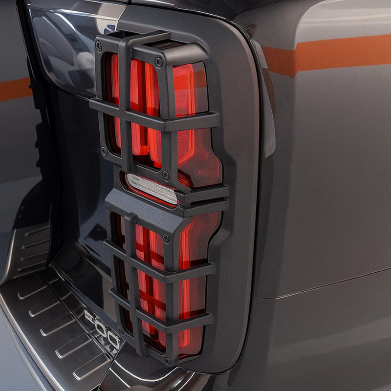 Installed matte black tail light trim on Tank 500 rear showing grid pattern fit