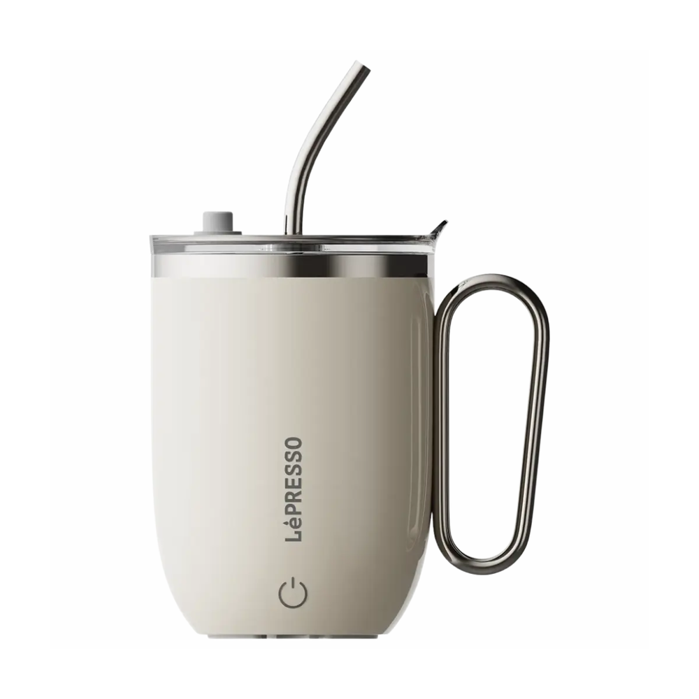 Lepresso beige magnetic auto stirring mug with touch button and LED display