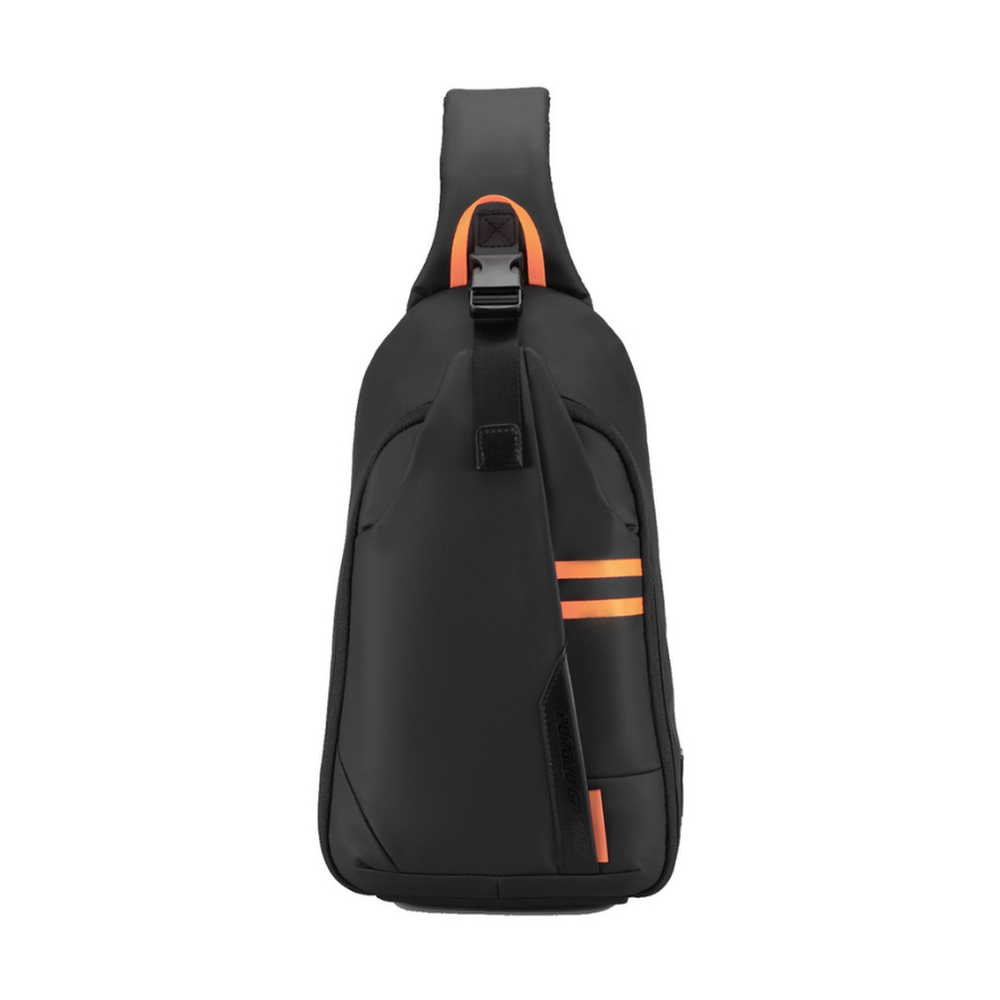 Black PU crossbody bag with dual magnetic compartments and orange accents
