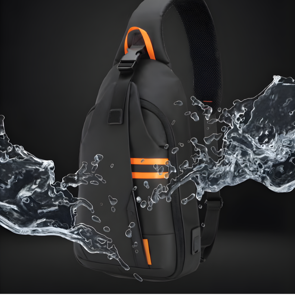 Black water-resistant crossbody bag with orange stripes and USB-C port