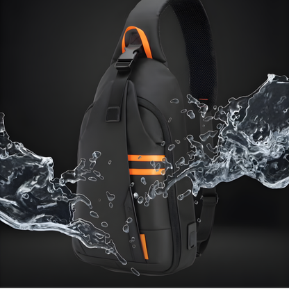 Black water-resistant crossbody bag with orange stripes and USB-C port