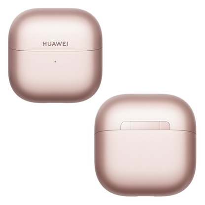 Rose gold Huawei wireless earbuds case on a white background