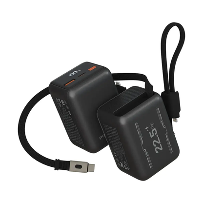 Black 20W PD power bank showing 100% charge with braided retractable USB-C to Lightning cable