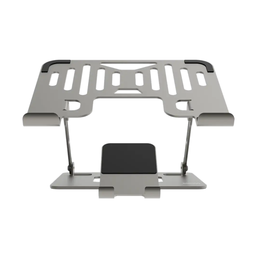 Silver carbon steel laptop and tablet stand with adjustable tilt and silicone grip pads