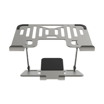 Silver carbon steel laptop and tablet stand with adjustable tilt and silicone grip pads