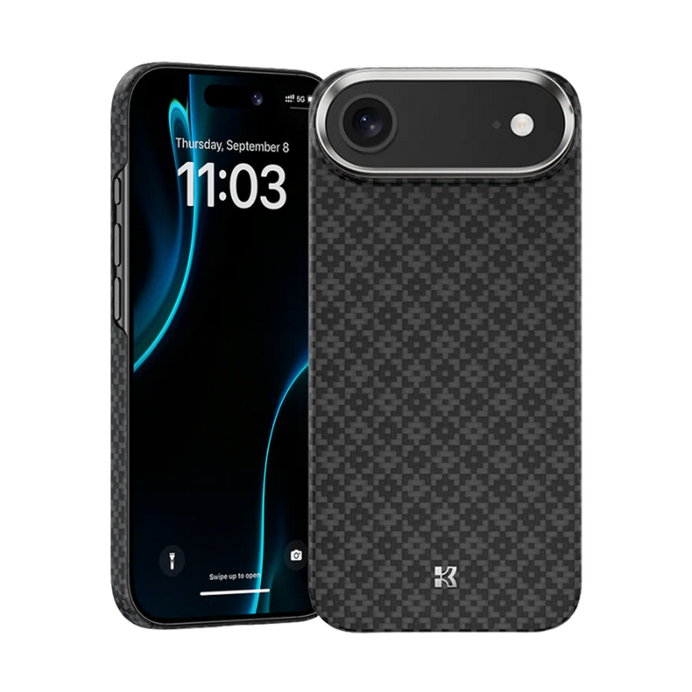 Benks iPhone 17 ArmorGrid black pixelated checkered case front and back view