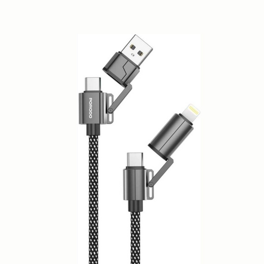 Arabic: كابل الشحن السريع 4 في 1 من بورودو — موصلات USB-C وLightning وMicro-USB في كابل واحد | English: Porodo 4-in-1 High-Speed Charging PD Cable — USB-C, Lightning, and Micro-USB connectors in one cable

