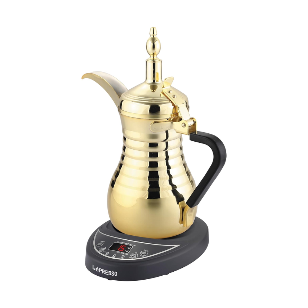 LePresso gold electric Arabic dallah with digital display and control buttons