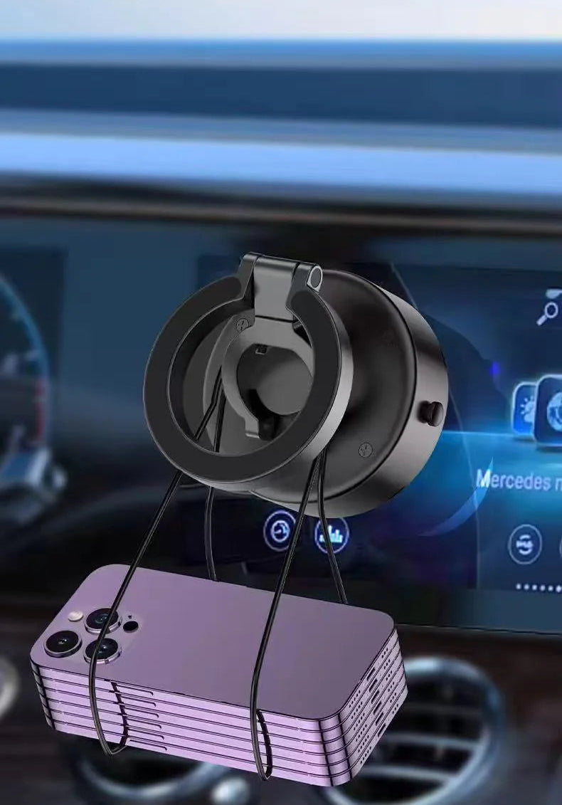 Car cup holder with phone mount and text about strength and stability