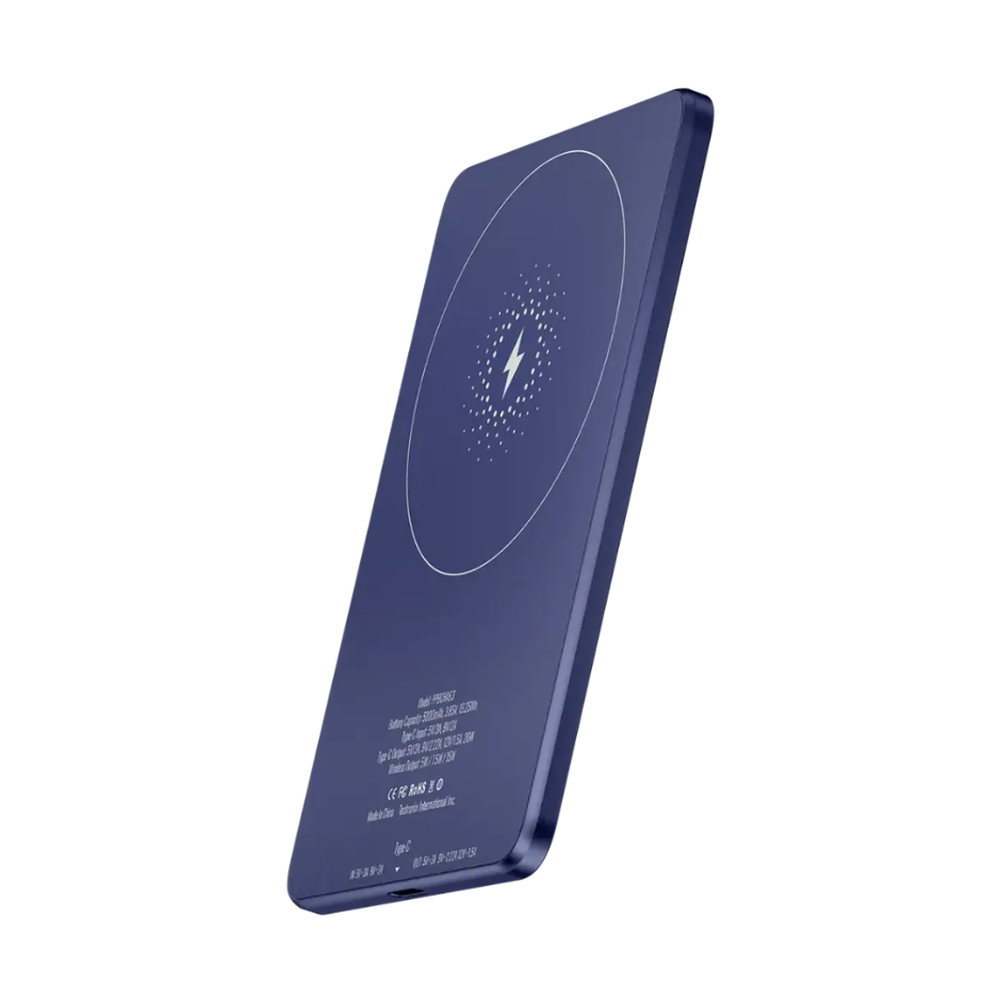 Deep blue Powerology 20W MagSafe power bank with smooth finish and 5000mAh battery capacity