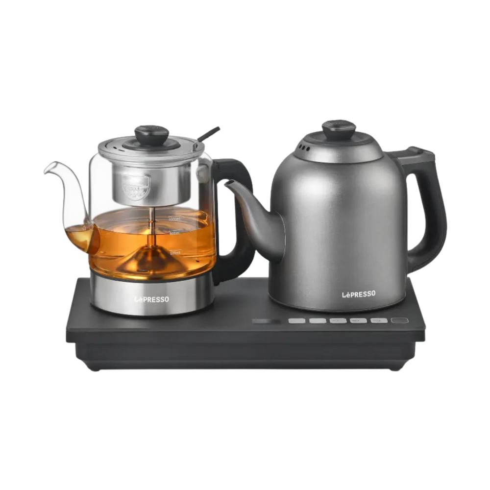 LePresso dual unit tea brewer and kettle set on shared heating base