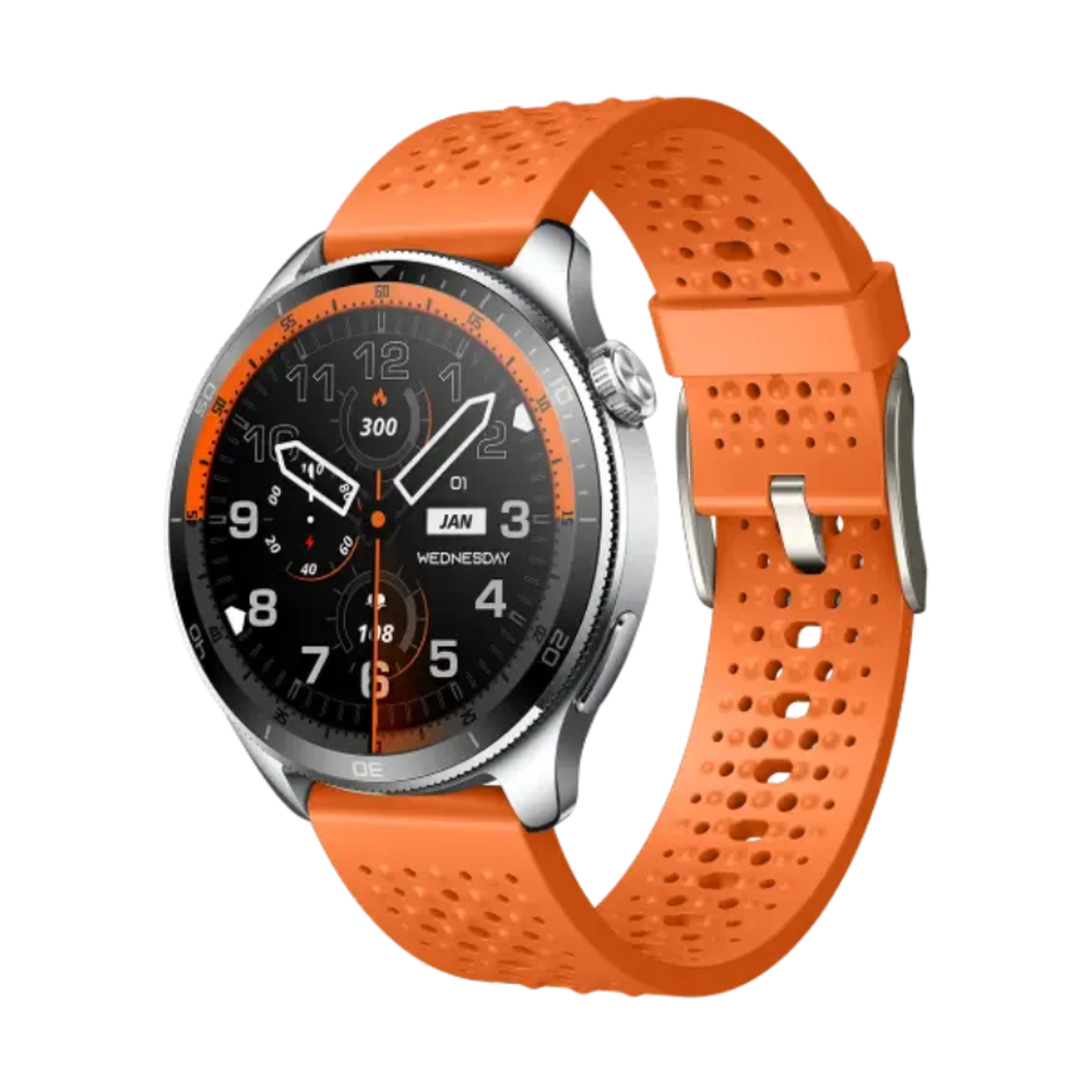 Powerology Urban Sports Smart Watch with orange perforated silicone strap and hybrid analog-digital dial