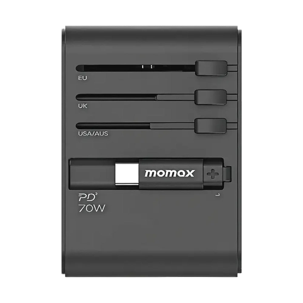 Front view of black Momax 70W wall charger with retractable USB-C port and multi-region plugs