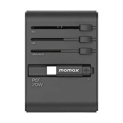 Front view of black Momax 70W wall charger with retractable USB-C port and multi-region plugs