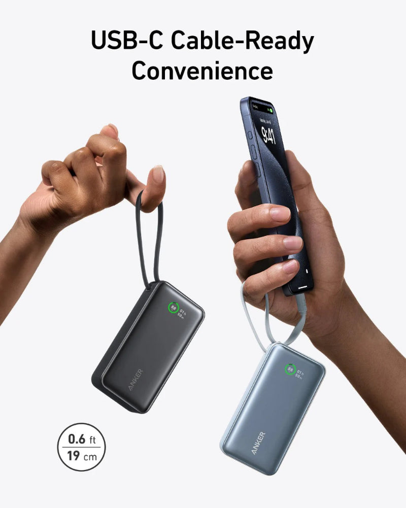 Hands holding a phone and two power banks with USB-C cables, labeled 'USB-C Cable-Ready Convenience'.