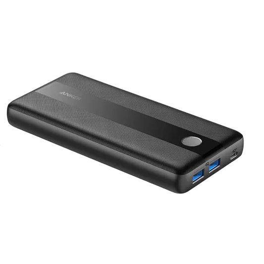 Black power bank with USB-C cable on a white background