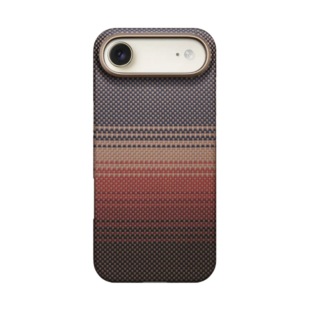 Single lens black Pitaka iPhone case with blue beige and red horizontal stripes