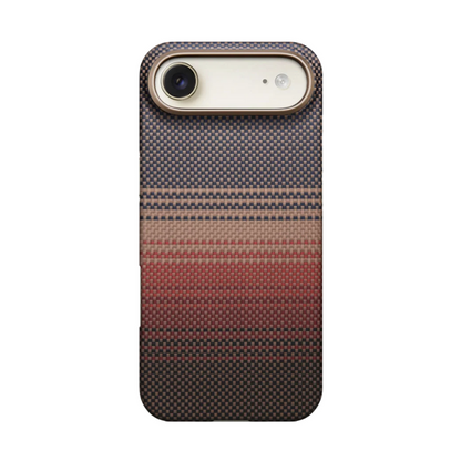 Single lens black Pitaka iPhone case with blue beige and red horizontal stripes
