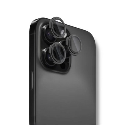 Black sapphire-coated camera glass protector with stainless steel frame for triple-lens smartphone
