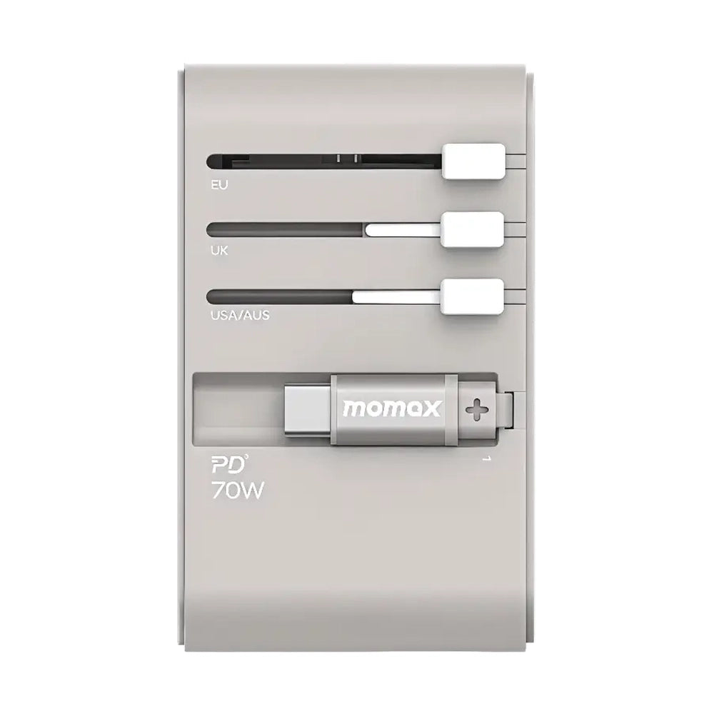 Light gray Momax 70W adapter with integrated USB-C cable and retractable plug heads